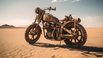 Highly customized rusty motorcycle in the desert. Generative AI