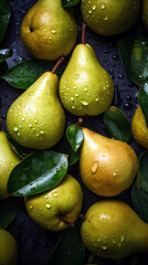 Fresh tasty pears in water drops on dark background. Pro studio shot. Digitally generated AI image