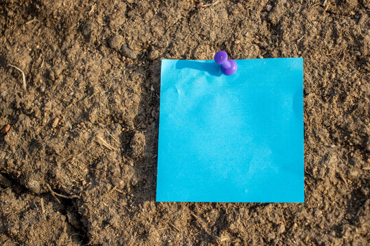 one purple map pin blue square paper note on brown dried mud with empty free space for template or blank copy area
