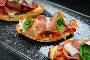 crispy white bread bruschetta with smoked salmon and parmesan