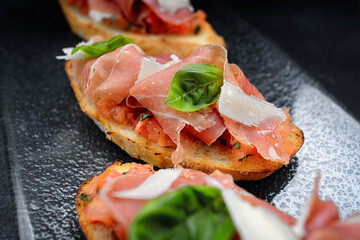 crispy white bread bruschetta with smoked salmon and parmesan