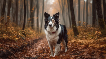 Dirty moment captured as a Border Collie peacefully walks through wet mud in the beautiful autumn surroundings AI GENERATIVE