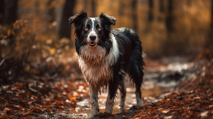 Dirty moment captured as a Border Collie peacefully walks through wet mud in the beautiful autumn surroundings AI GENERATIVE