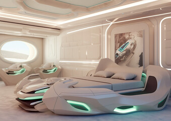 Futuristic boys' children's room as it will look like in the future. Really in a sci-fi design. Very nice clean lines characterize the interior of the room for boys, children and teenagers.AI illustra