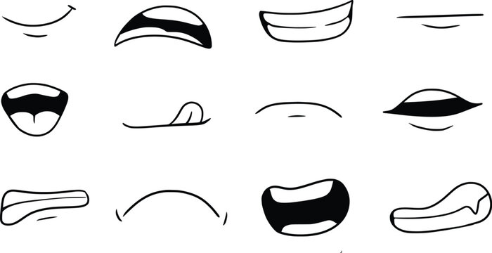 Cartoon mouth smile, happy, sad expression set, Funny comic doodle style EPS 10