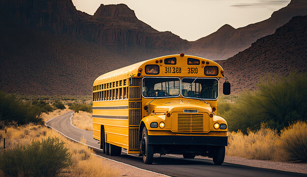 School bus on blacktop with clean sunny background