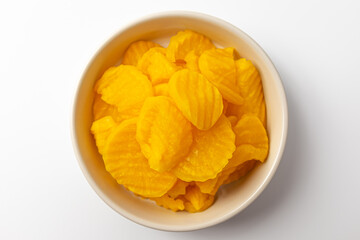 Chewy gardenia pickled radish on a white background