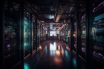 Racks of mainframe devices hold big data cyber content in a room with modern communication hardware system and neon light cloud computing server cabinet. Generative AI