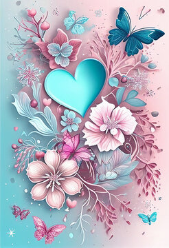 Painted spring background in pastel blue-pink flowers with butterflies and hearts. AI Generated