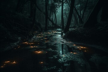 Glowing fireflies illuminate dark forest swamp at night. Generative AI