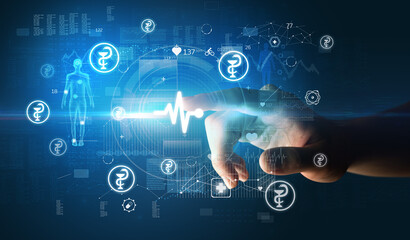Doctor hand pressing futuristic health device with medical symbol on screen