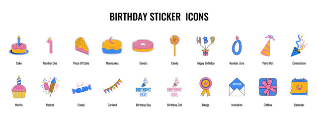 Vector icons for birthday sticker isolated on white background