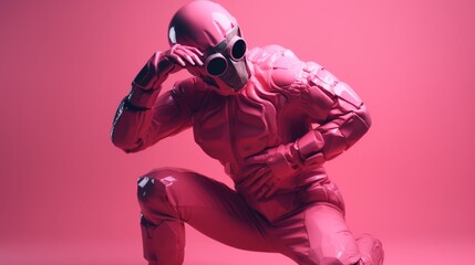Obraz na płótnie Canvas Photography of a gay muscular fit robocop, dancing and doing funny poses, pink color scheme. Created with generative technology.