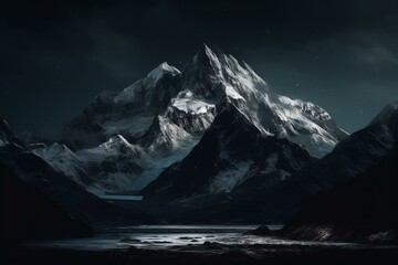 Gloomy mountain landscape with glacier against black background. Illustration. Generative AI