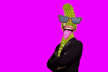 Contemporary Art Collage, Concept of a mans body with a cactus flower head in sunglasses and open mouth showing tongue