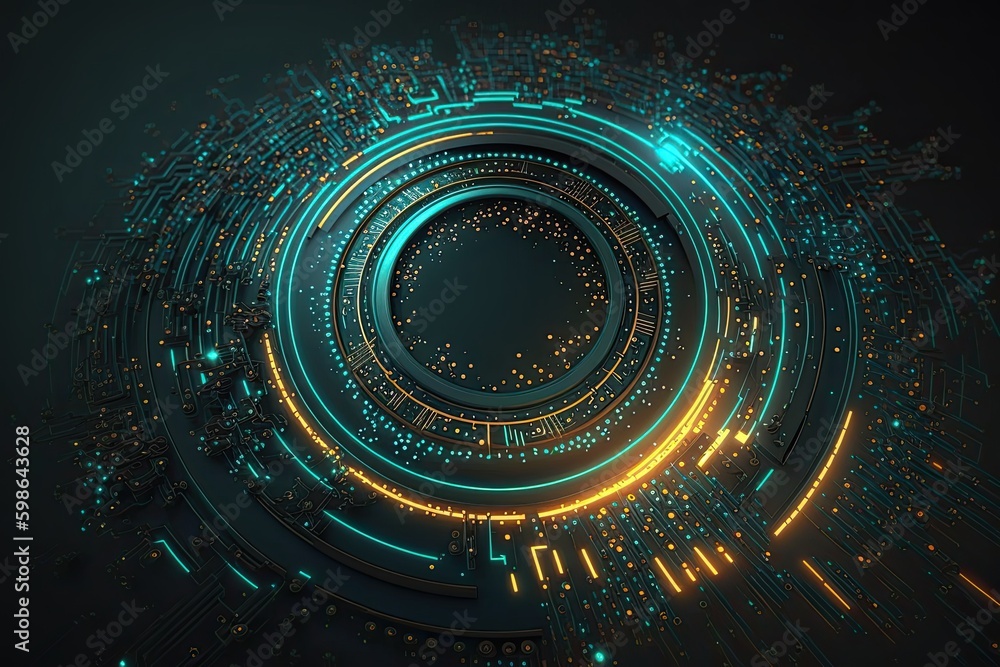 Poster futuristic abstract circular technology background. digital hologram screen.generative ai