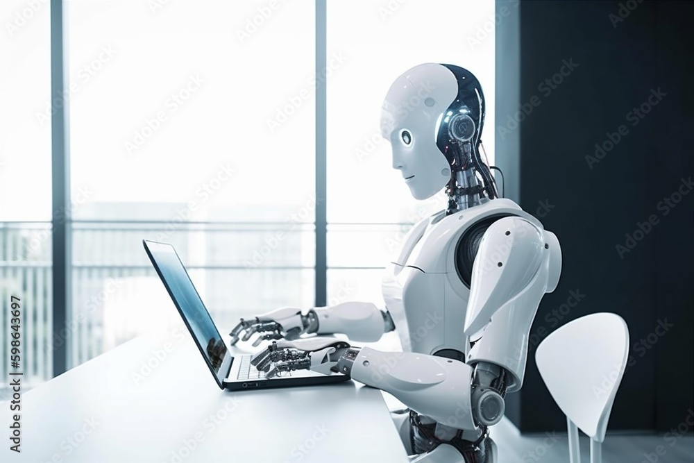 Poster robot laptop digital paper ai artificial document technology hand office. generative ai. generative 