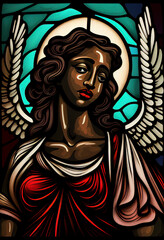 a dark-skinned angel in the style of a church stained glass window, generative AI
