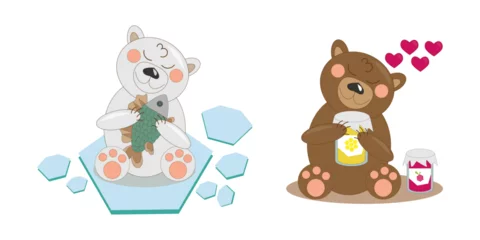 Muurstickers Speelgoed vector illustration set of cartoon teddy bears brown and polar with treats: fish, honey and raspberry jam
