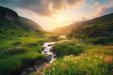 Beautiful Nature Lovely Countryside Place view of Valley Meadow Landscape Wallpaper with Waterfall, Mountains, Greenery Green Moss, Flowers, Clouds, Sunset, and Water river, generative AI