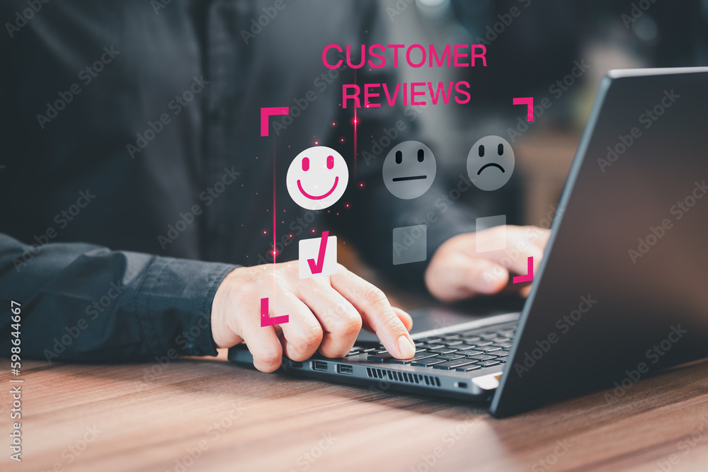 Leinwandbilder customer service experience and business satisfaction survey. man hand using a computer laptop with 