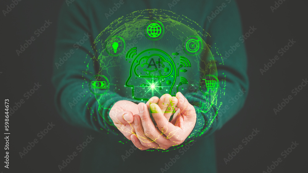 Poster Business technology concept of Ai, Cloud computing, Data storage, Banking, Financial and shopping online. AI cloud computing diagram show on hand. Big data with information structure on virtual screen