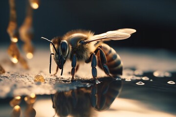 closeup insect pollen macro honey bee honeybee nature yellow background gold. Generative AI. Generative AI