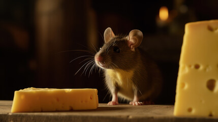 Fototapeta premium Cheesy Companionship: A Mouse and its Delightful Discovery. Generative ai