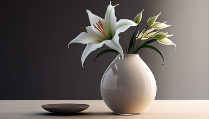 Lily in beautiful vase on minimalistic table with solid wall background  Ai generated image