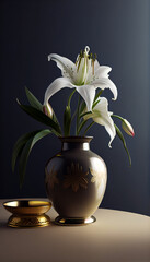 Fototapeta na wymiar Lily in beautiful vase on minimalistic table with solid wall background Ai generated image