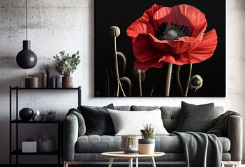 Large picture with poppies in the interior of the room. AI Generated