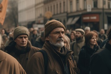 Fototapeta premium Portrait of an old man on Protesting demonstration. Protest. Peaceful march of the country's for freedom and democracy. Generative AI
