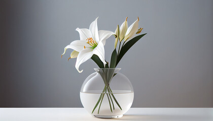 Lily in beautiful vase on minimalistic table with solid wall background  Ai generated image