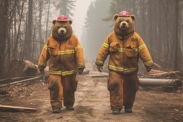 two firefighter bears walking on a wildfire