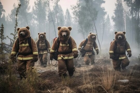 group of firefighter bears on a wildfire working together