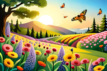 a field of colorful wildflowers with butterflies