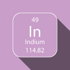 Indium symbol with long shadow design. Chemical element of the periodic table. Vector illustration.