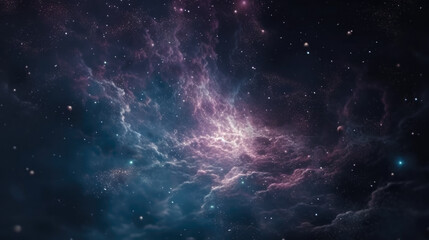 Realistic beautiful endless expanses of eternal space created with the help of artificial intelligence. Pleasant blue shades with purple and pink tints decorated with bright stars.