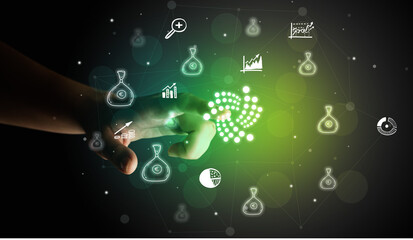 Businessman finger touching on screen multimedia interface with hand drawn currency icons