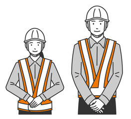 ヘルメットを被った安全ベストを着た男女