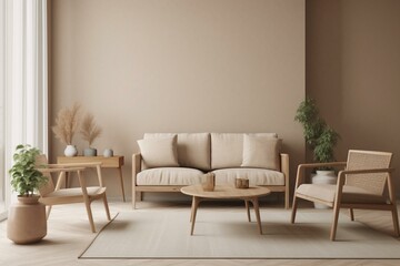 Beige Scandinavian living room with wooden furniture and mock-up wall background. Generative AI