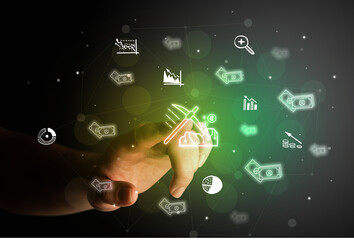 Businessman finger touching on screen multimedia interface with hand drawn currency icons