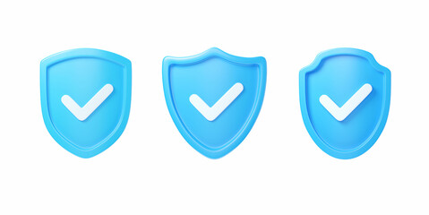 Shield 3d icon set- cyber guard illustration, blockchain protect safety element and access blue symbol