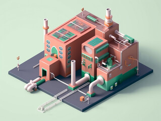 Isometric view of the exterior of a factory building with exposed mechanical and piping systems. 3D cartoon style. Isolated on pastel color background.
