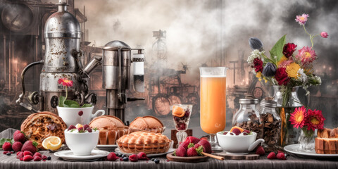 Fototapeta na wymiar A breakfast buffet with a hot beverage in a high background was created using generative AI. - generative ai