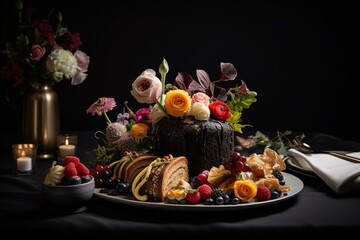 Fototapeta na wymiar A diverse array of delicacies on a white plate adjoining a floral arrangement over a black table. Generative AI