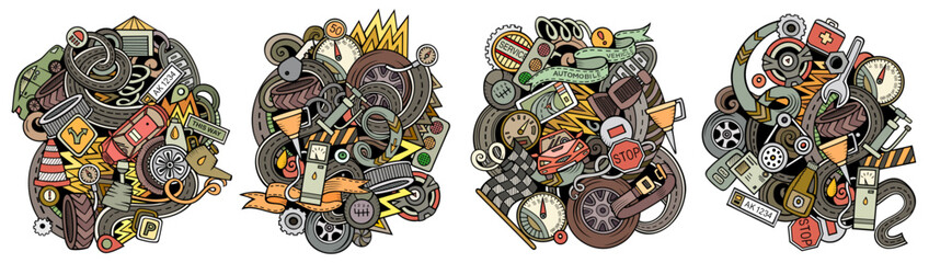 Auto service cartoon vector doodle designs set.
