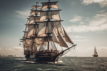 Fototapeta na wymiar Large sailing vessel with multiple masts and sails. Generative AI