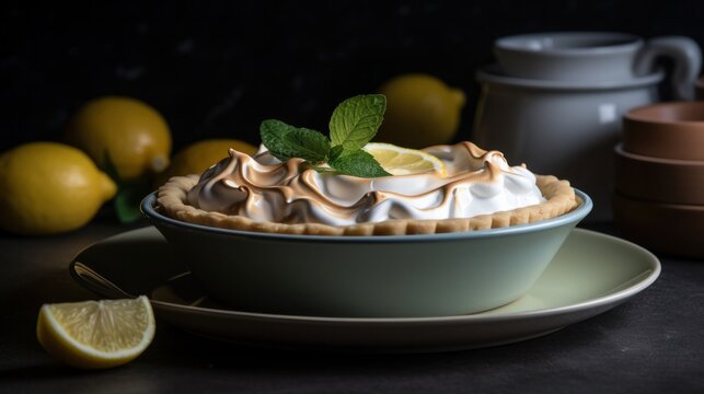 Lemon Meringue Pie In A Ceramic Dish, With A Lemon Wedge And Mint Leaves As Garnish And A Blurred Background. Generative AI.