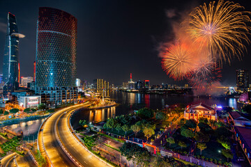 Fototapeta premium Fireworks on the 48th anniversary of the liberation of Saigon (Ho Chi Minh city) Vietnam, April 30th, 2023